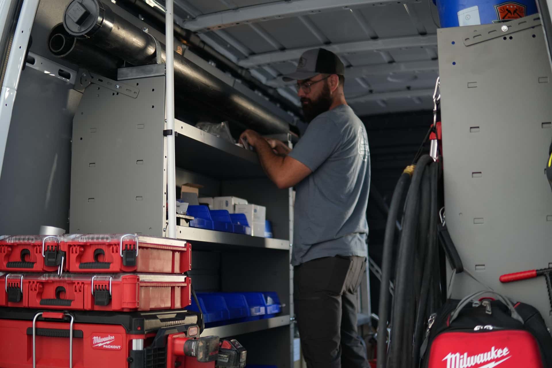 Organized plumbing equipment inside a Yellowstone service van